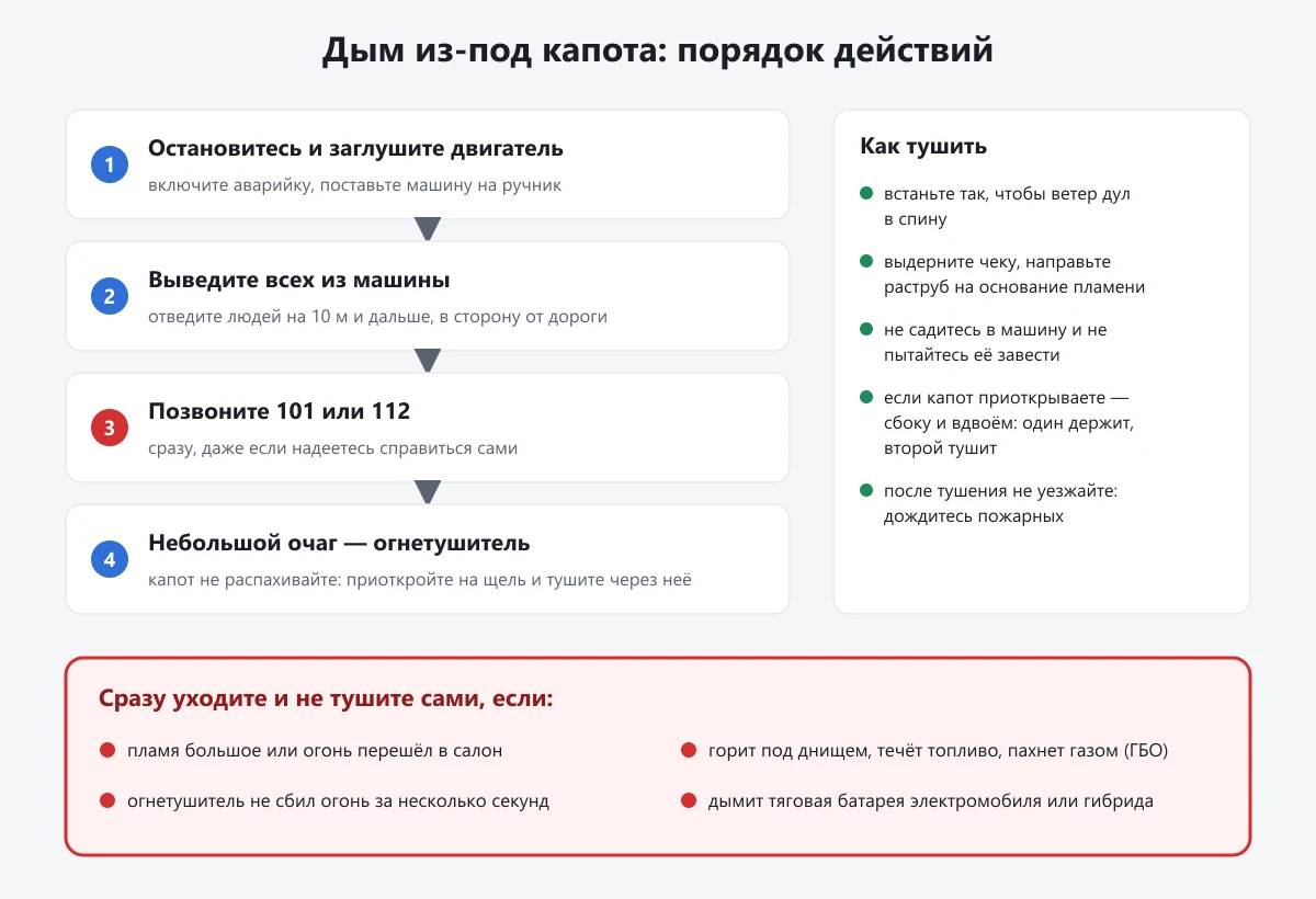схема: порядок действий при дыме из-под капота и когда нужно сразу уходить от машины