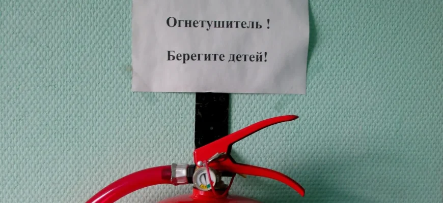 огнетушитель на стене коридора и табличка «Осторожно! Огнетушитель! Берегите детей!»
