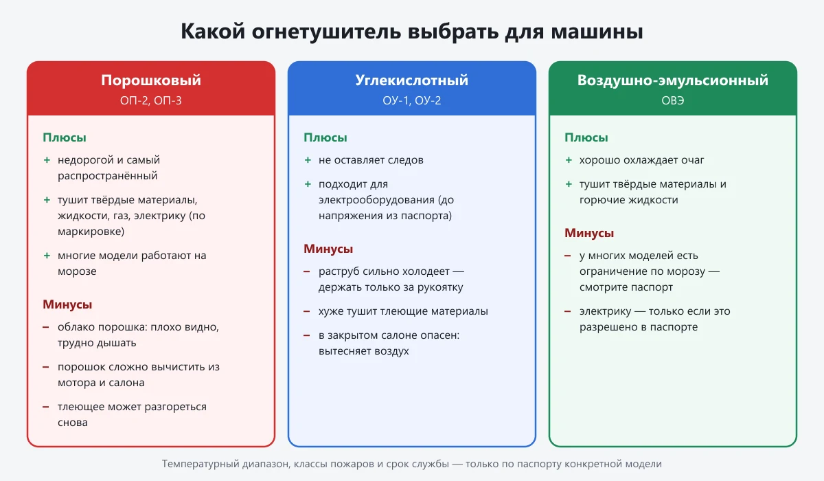 сравнение порошкового, углекислотного и воздушно-эмульсионного огнетушителя для автомобиля