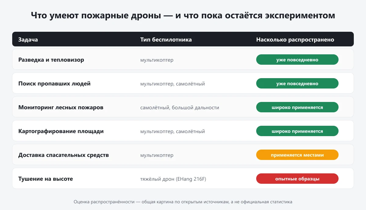 таблица задач пожарных дронов и их распространённость